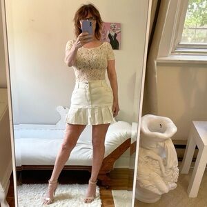 HOLLISTER CREAM PLEATED MINI SKIRT COTTON BLEND ZIPPER STRETCH WAIST POCKETS